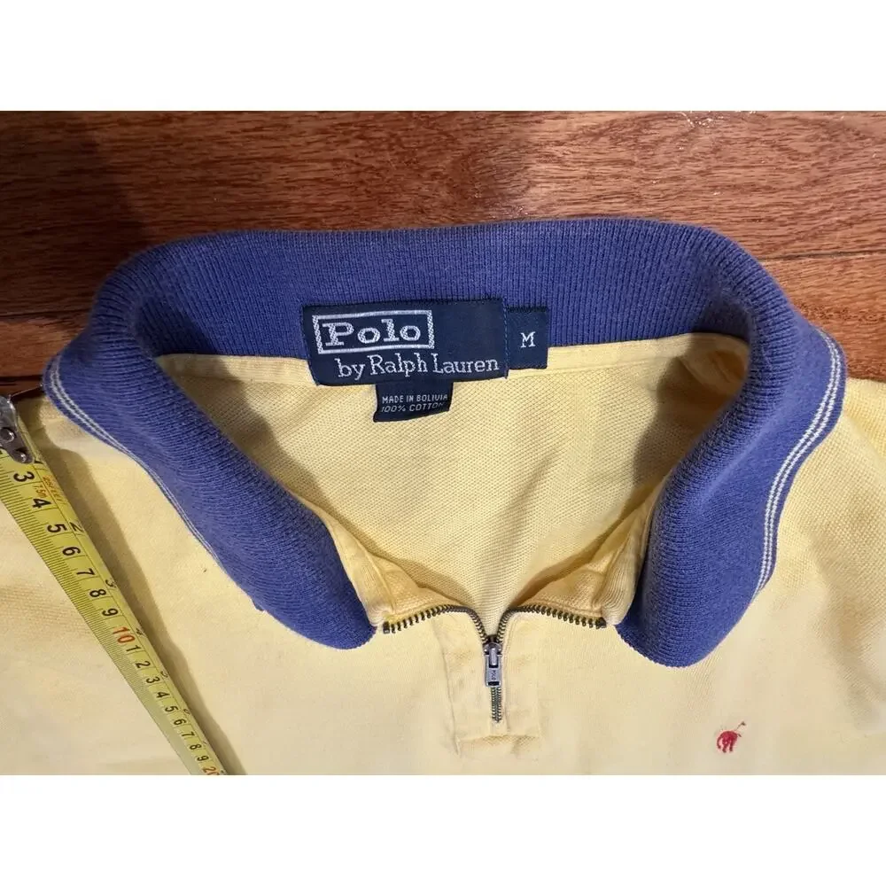Ralph Lauren 1/4 Zip Polo Short Sleeve Classic Fit Shirt Yellow Blue golf prep M